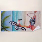 ビーチベお洒落ーブフラミンゴNo.1水彩アート ビーチタオル (正面)