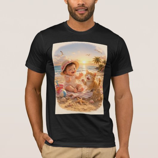 ビーチベイビーと子猫の砂の城の喜び Tシャツ (正面)