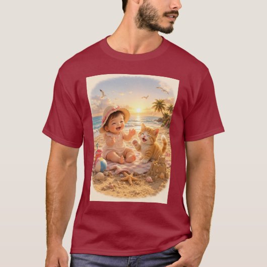 ビーチベイビーと子猫の砂の城の喜び Tシャツ (正面)