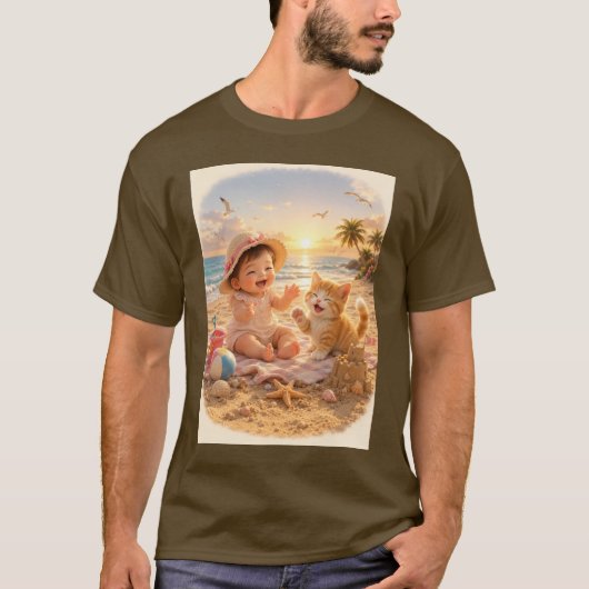 ビーチベイビーと子猫の砂の城の喜び Tシャツ (正面)