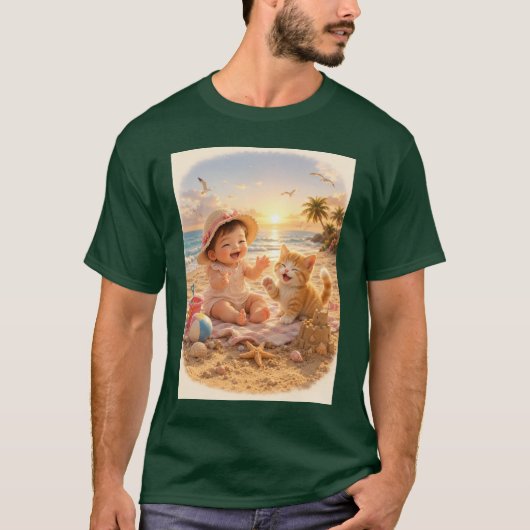 ビーチベイビーと子猫の砂の城の喜び Tシャツ (正面)