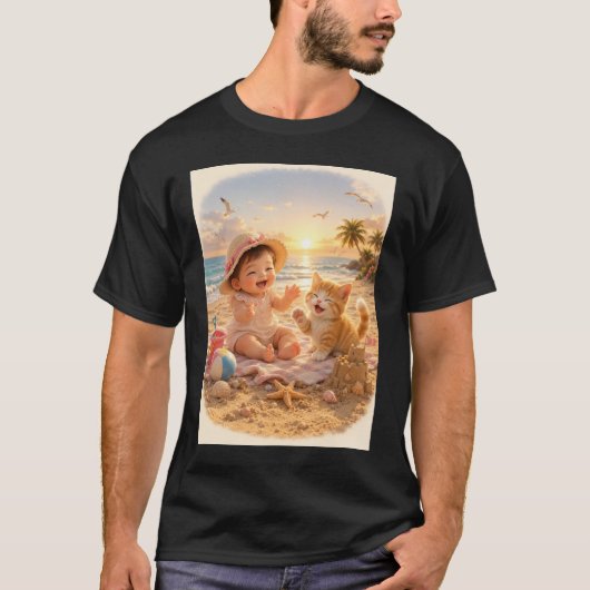 ビーチベイビーと子猫の砂の城の喜び Tシャツ (正面)