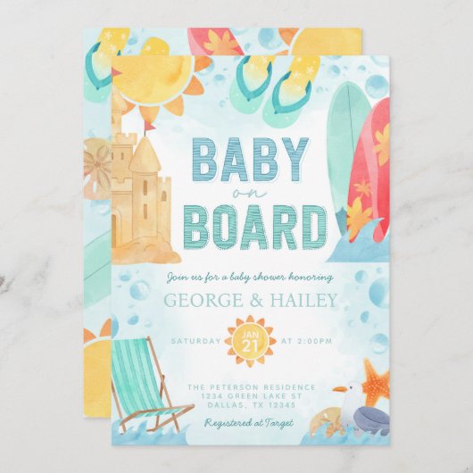 ビーチベビーオンボードベビーシャワー招待状 招待状 (正面/裏面)