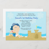 ビーチベビーサンドキャッスルボーイ誕生日パーティー5x7 招待状 (正面/裏面)