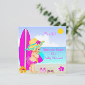 ビーチベビーシャワーガールピンクティール(緑がかった色)ブルーサンハット 招待状 (スタンド正面)