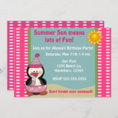 ビーチペンギンピンクガールズ誕生日招待状 招待状 (正面/裏面)