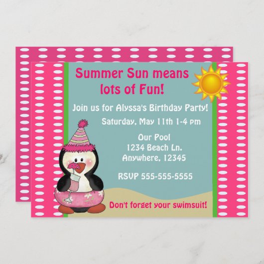ビーチペンギンピンクガールズ誕生日招待状 招待状 (正面/裏面)