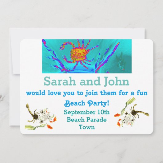 ビーチホリデー クールなカニのアート 海辺 招待状 (正面)