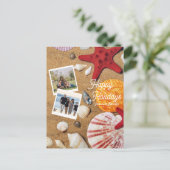 ビーチホリデー 海岸の砂 貝殻 家族の写真 ポストカード (スタンド正面)