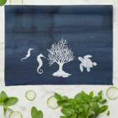 ビーチホームバスネイビーホワイトシーホースタートルコーラル キッチンタオル (折り畳み)