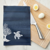 ビーチホームバスネイビーホワイトシーホースタートルコーラル キッチンタオル (四つ折り)