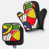 ビーチボールビーブスサークルドットレッドイエローブルー 鍋つかみ&鍋敷きセット (正面/裏面)