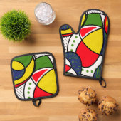 ビーチボールビーブスサークルドットレッドイエローブルー 鍋つかみ&鍋敷きセット (トップダウン)