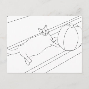 ビーチボール付き猫，カラーポストカード ポストカード