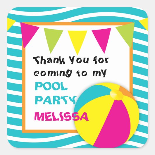 ビーチボール/プールパーティーラウンドステッカー スクエアシール (正面)