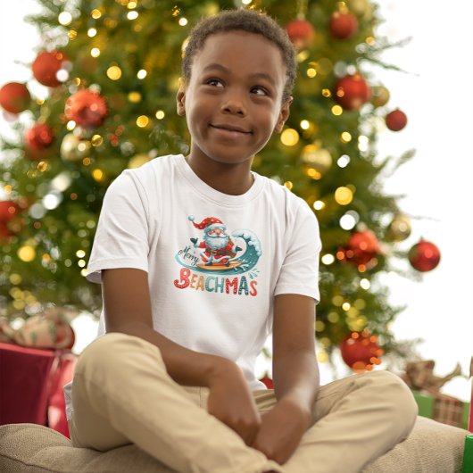 ビーチマスメリーサンタサーフィンレトロデザイン Tシャツ