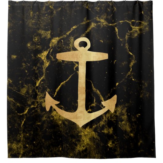 ビーチミニマルシック金ゴールドいかりブラック大理石 シャワーカーテン (正面)