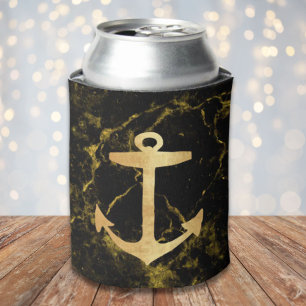 ビーチミニマルシック金ゴールドいかりブラック大理石 缶クーラー
