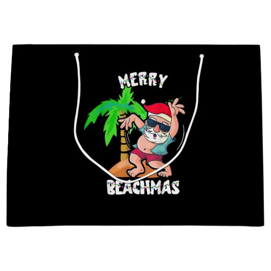 ビーチメリークリスマスイン7月サンタおもしろいクリスマスポー ラージペーパーバッグ (正面)