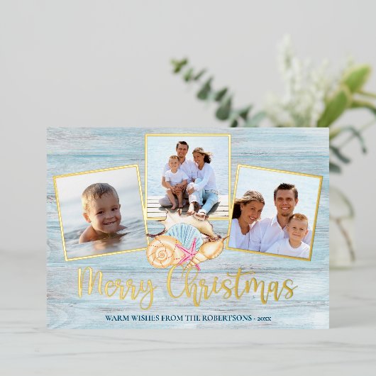 ビーチメリークリスマスウッドフォトコースト金ゴールド 箔シーズンカード (立ち正面)