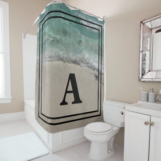 ビーチモノグラム名海アートティール（緑がかった色）ブラック シャワーカーテン (インサイチュ)