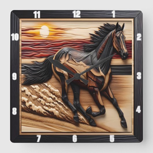 ビーチモーガントロット：燃えたウッドディスプレイ スクエア壁時計 (正面)