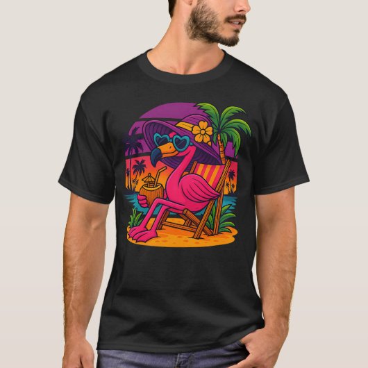 ビーチヤシの夏の夕日バカンス面白い Tシャツ (正面)
