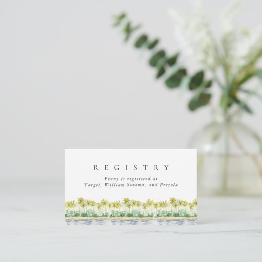 ビーチヤシの木の水色ブライダルレジストリ エンクロージャーカード (スタンド正面)