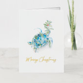ビーチユニーククリスマスカード水色ウミガメ 箔グリーティングカード (正面)