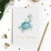 ビーチユニーククリスマスカード水色ウミガメ 箔グリーティングカード
