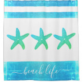 ビーチライフスクリプトターコイズ青いグラデーションヒトデ シャワーカーテン (正面)