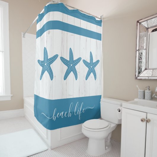 ビーチライフスクリプトティール（緑がかった色）ヒトデ白素朴な木 シャワーカーテン (インサイチュ)