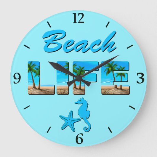 ビーチライフワードアート（砂とヤシの木） ラージ壁時計 (正面)