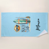 ビーチライフ引用文サーフボード名 ビーチタオル (正面)