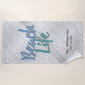 ビーチライフ(名前と場所の木製波止場) ビーチタオル (正面)