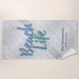 ビーチライフ(名前と場所の木製波止場) ビーチタオル