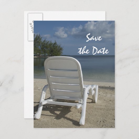 ビーチラウンジチェアウェディングデートを保存 案内ポストカード (正面/裏面)