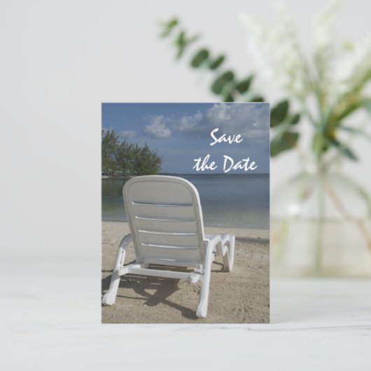 ビーチラウンジチェアウェディングデートを保存 案内ポストカード (スタンド正面)