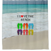 ビーチラブ人気がある、ビーチデザインとフリップフロップ。 シャワーカーテン (正面)