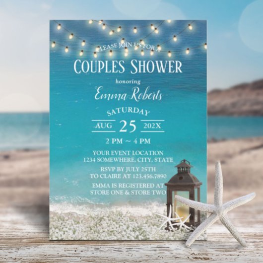 ビーチランタン素朴ストリングライトカップルのシャワー 招待状