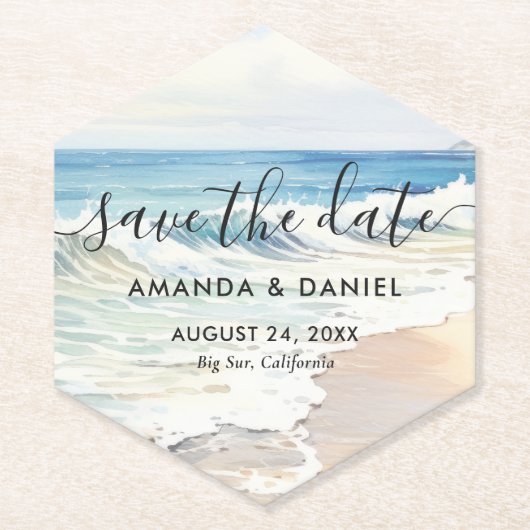ビーチリゾートウェディングのSave The Date ペーパーコースター (正面)