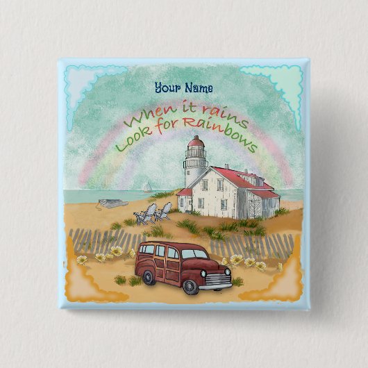 ビーチレインボーライトハウスボタン 缶バッジ (正面)
