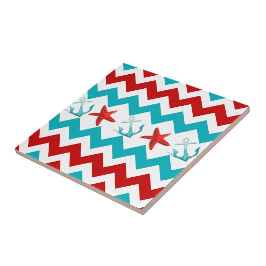 ビーチレッド航海のティール(緑がかった色)シェブロンいかりスターフィッシュ タイル (側面)