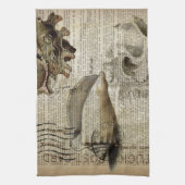 ビーチー辞書プリントモダンヴィンテージ貝殻 キッチンタオル (縦)