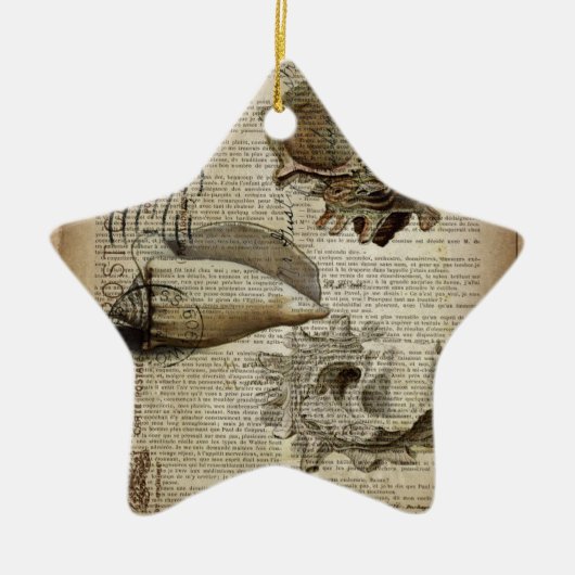 ビーチー辞書プリントモダンヴィンテージ貝殻 セラミックオーナメント (正面)