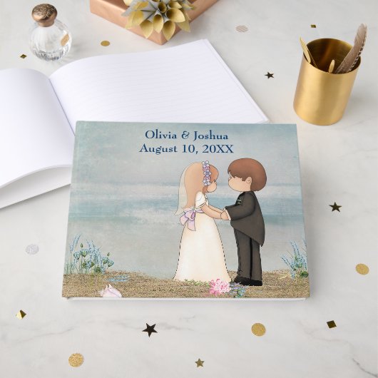 ビーチ上の可愛い結婚式のカップル ゲストブック (正面見開き)
