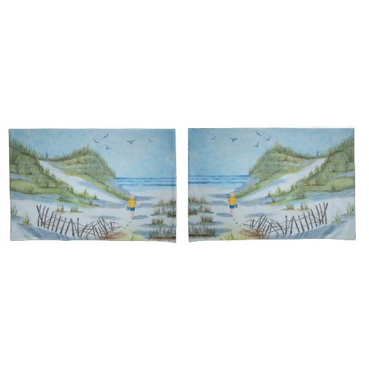 ビーチ上の子どもの水彩画 枕カバー (フロントセット)