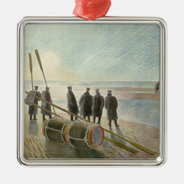 ビーチ中の男（干潮時の危険な仕事） メタルオーナメント