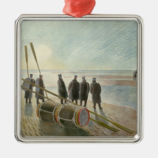 ビーチ中の男（干潮時の危険な仕事） メタルオーナメント (正面)