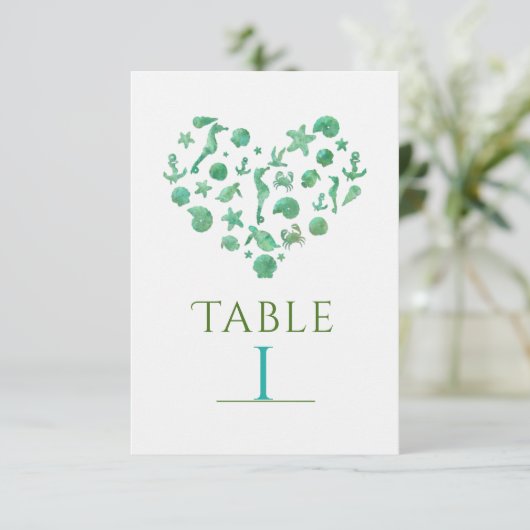 ビーチ事物グリーンウォーター色テーブル番号カード 招待状 (スタンド正面)